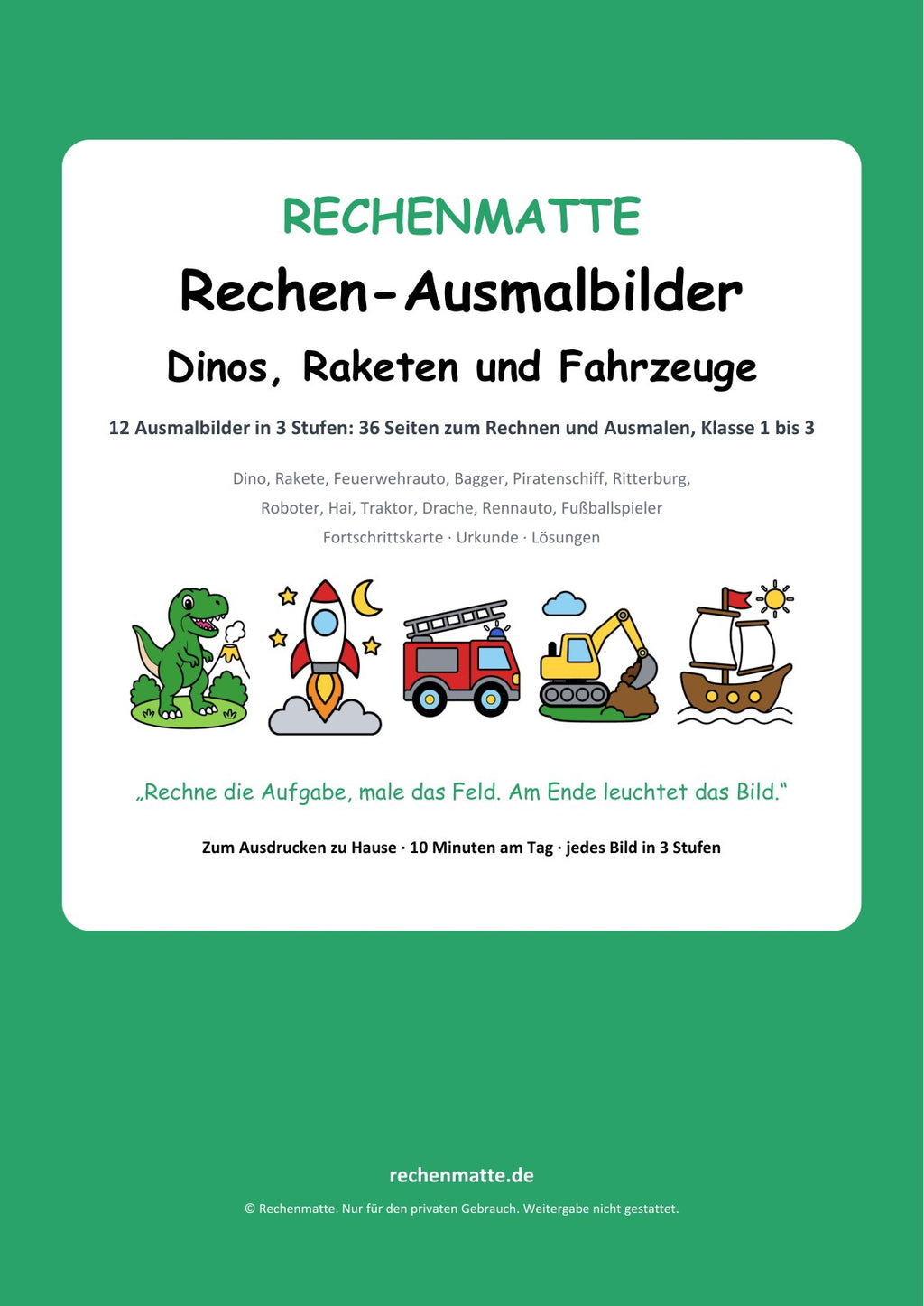 Rechen-Ausmalbilder Dinos, Raketen und Fahrzeuge: Titelseite des PDFs
