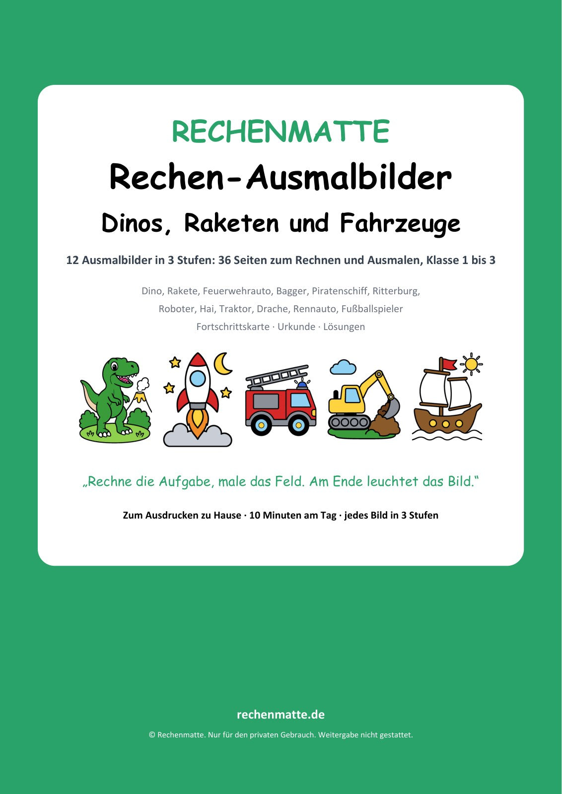 Rechen-Ausmalbilder Dinos, Raketen und Fahrzeuge: Titelseite des PDFs