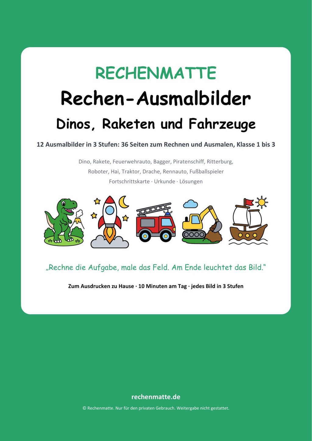 Komplettpaket: Rechen-Ausmalbilder Dinos, Raketen und Fahrzeuge, Titelseite
