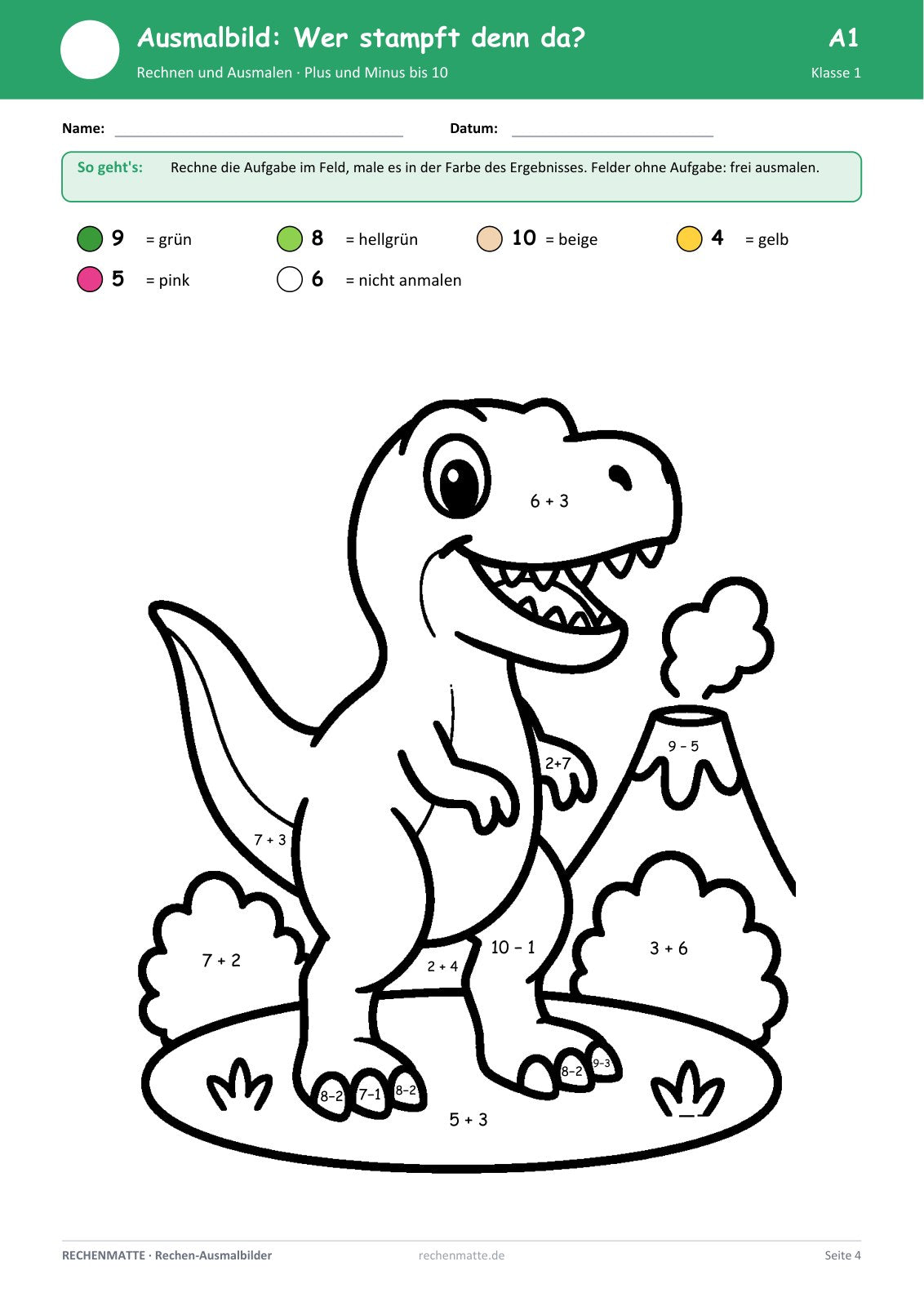 Rechen-Ausmalbilder Dinos, Raketen und Fahrzeuge: Seite Stufe A, Plus und Minus bis 10