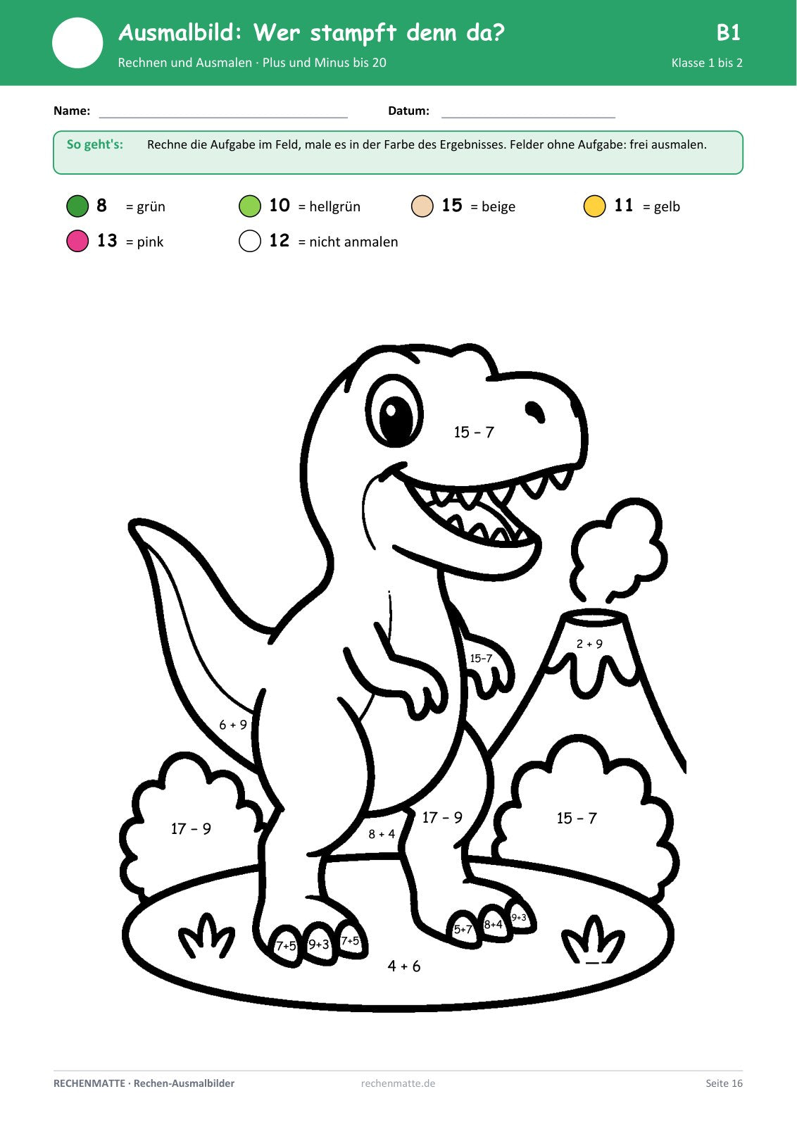 Rechen-Ausmalbilder Dinos, Raketen und Fahrzeuge: Seite Stufe B, Plus und Minus bis 20 über den Zehner