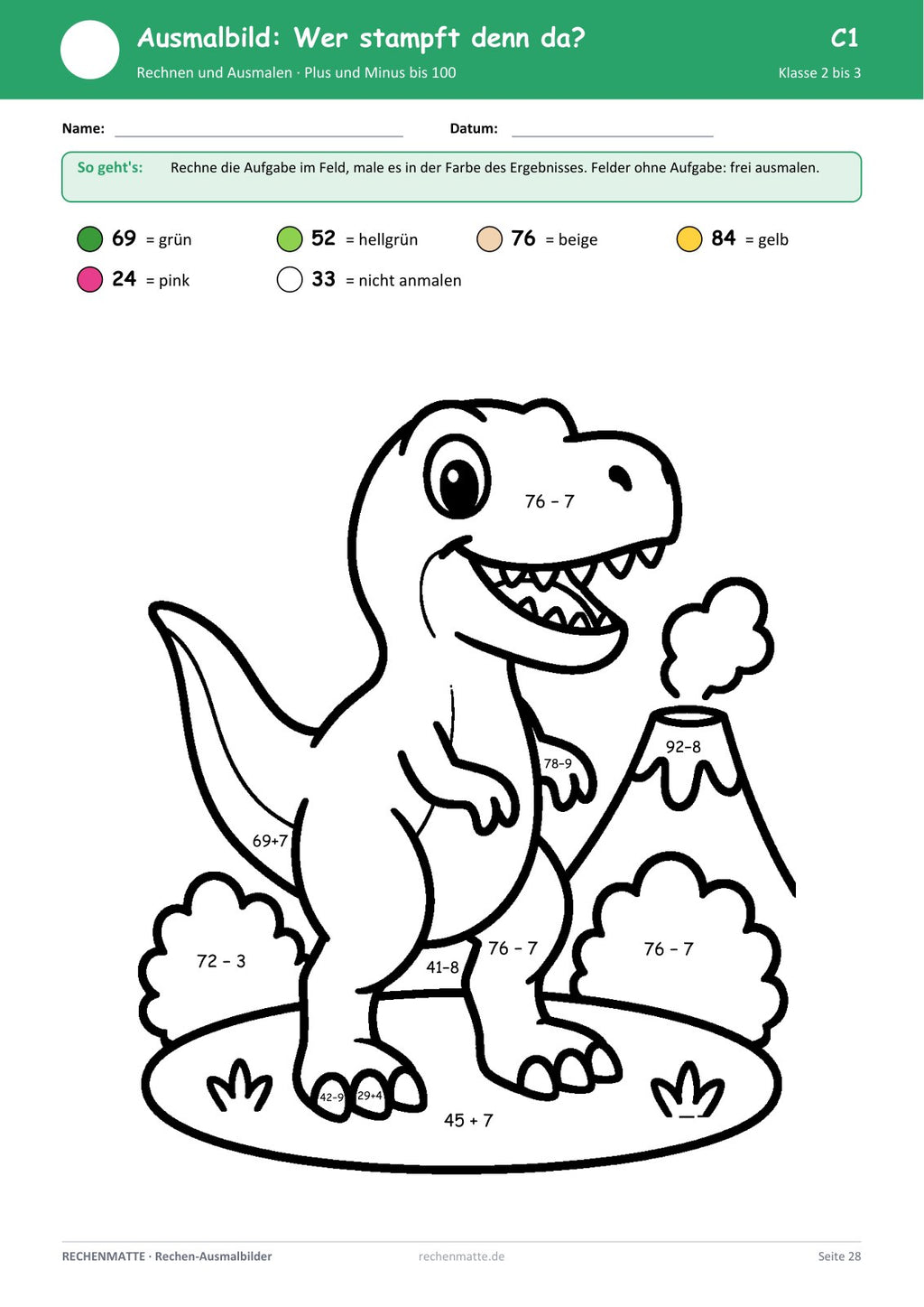 Rechen-Ausmalbilder Dinos, Raketen und Fahrzeuge: Seite Stufe C, Plus und Minus bis 100