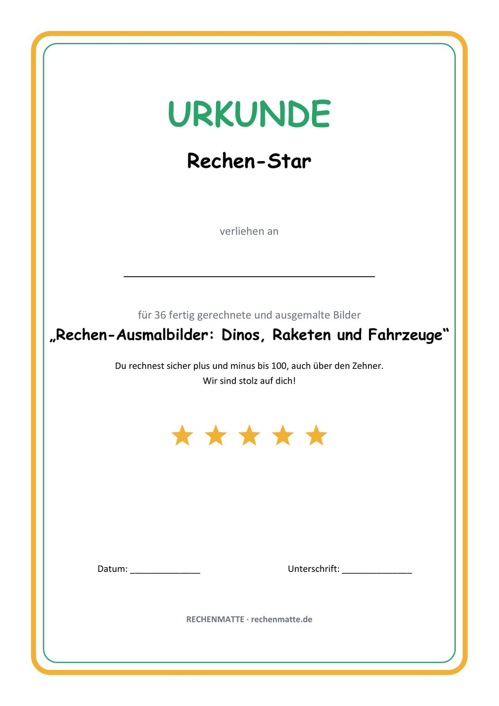 Rechen-Ausmalbilder Dinos, Raketen und Fahrzeuge: Urkunde