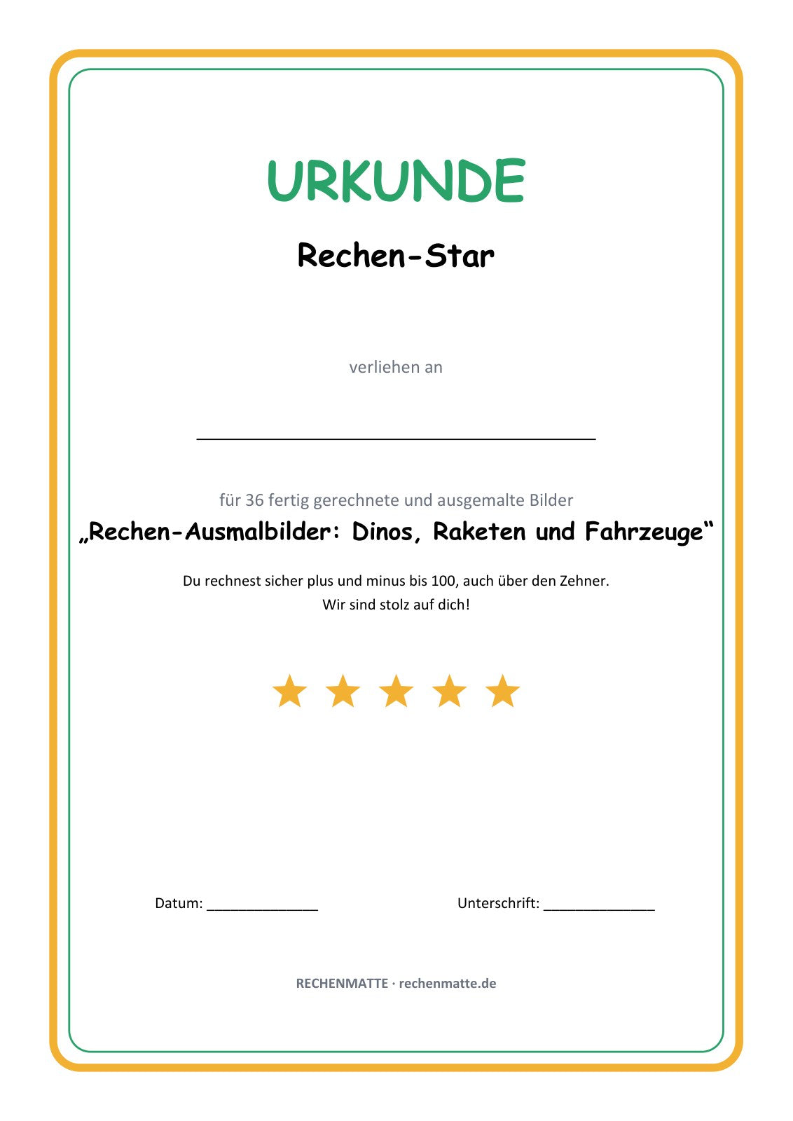 Rechen-Ausmalbilder Dinos, Raketen und Fahrzeuge: Urkunde