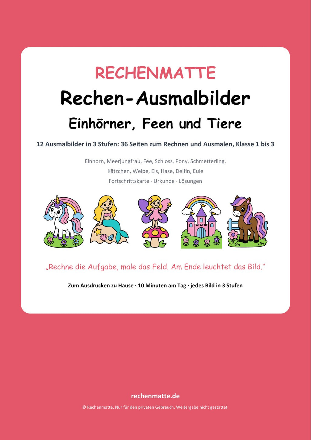 Rechen-Ausmalbilder Einhörner, Feen und Tiere: Titelseite des PDFs