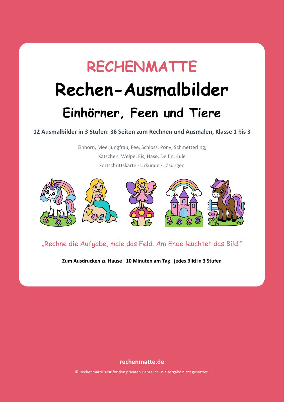 Rechen-Ausmalbilder Einhörner, Feen und Tiere: Titelseite des PDFs