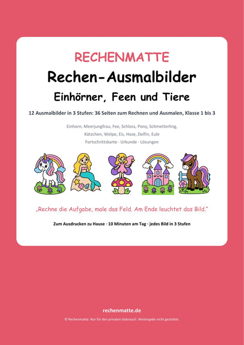 Rechen-Ausmalbilder Einhörner, Feen und Tiere: Titelseite des PDFs