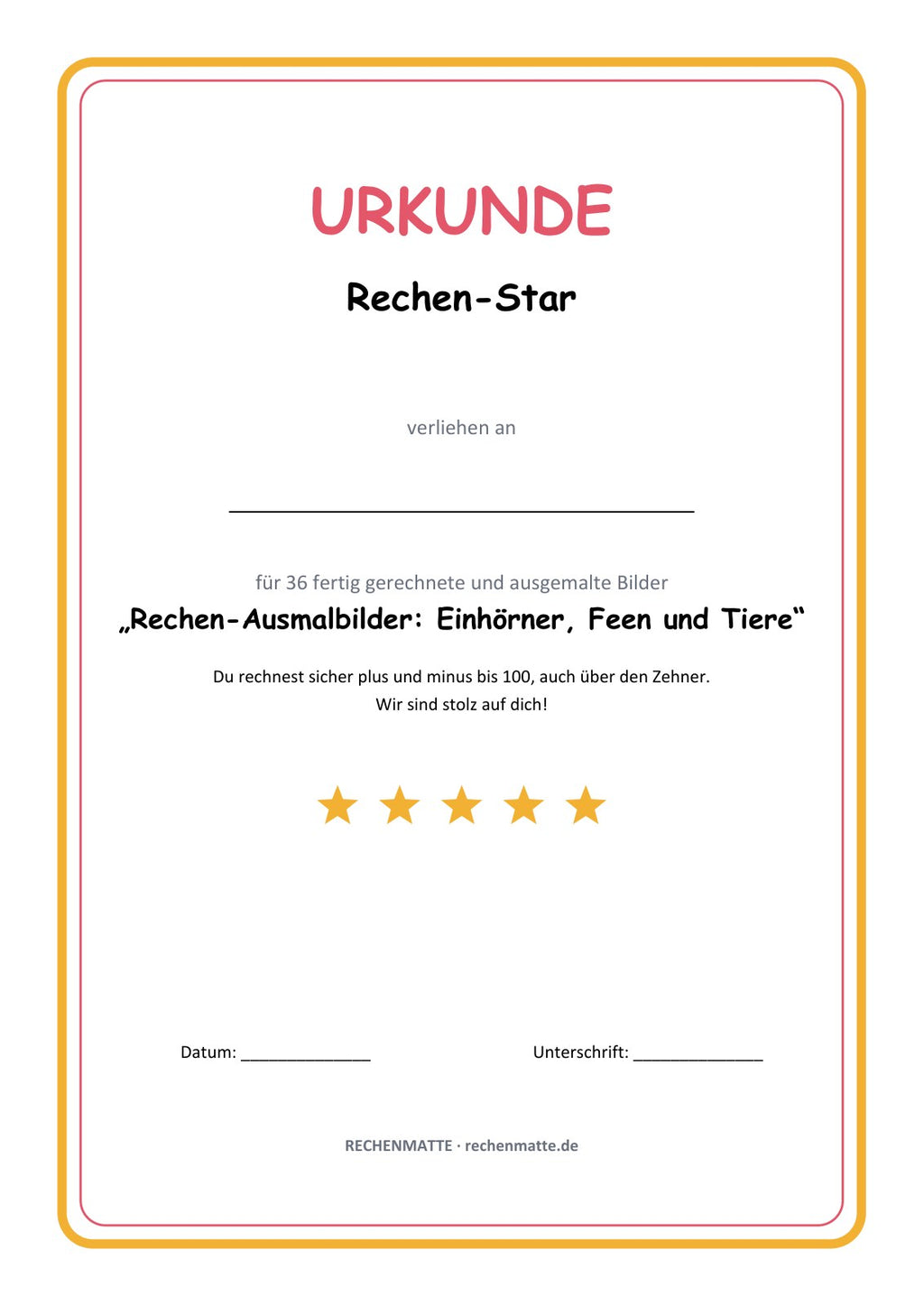 Rechen-Ausmalbilder Einhörner, Feen und Tiere: Urkunde