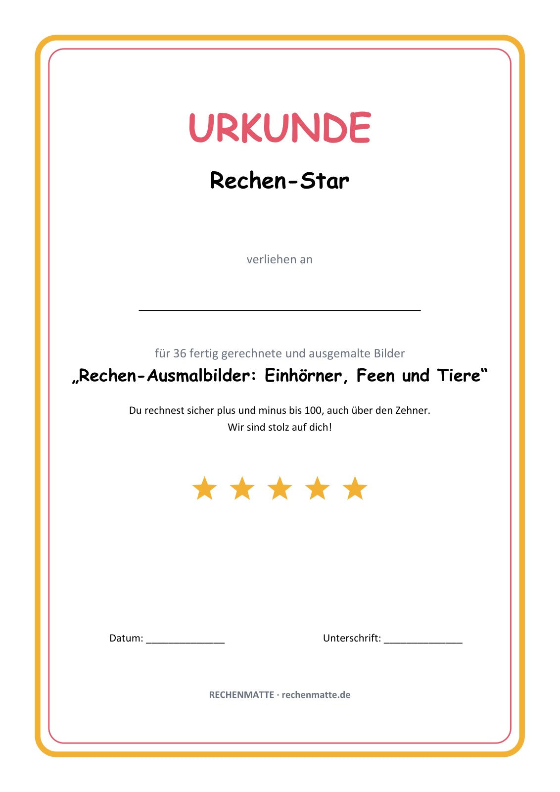 Rechen-Ausmalbilder Einhörner, Feen und Tiere: Urkunde