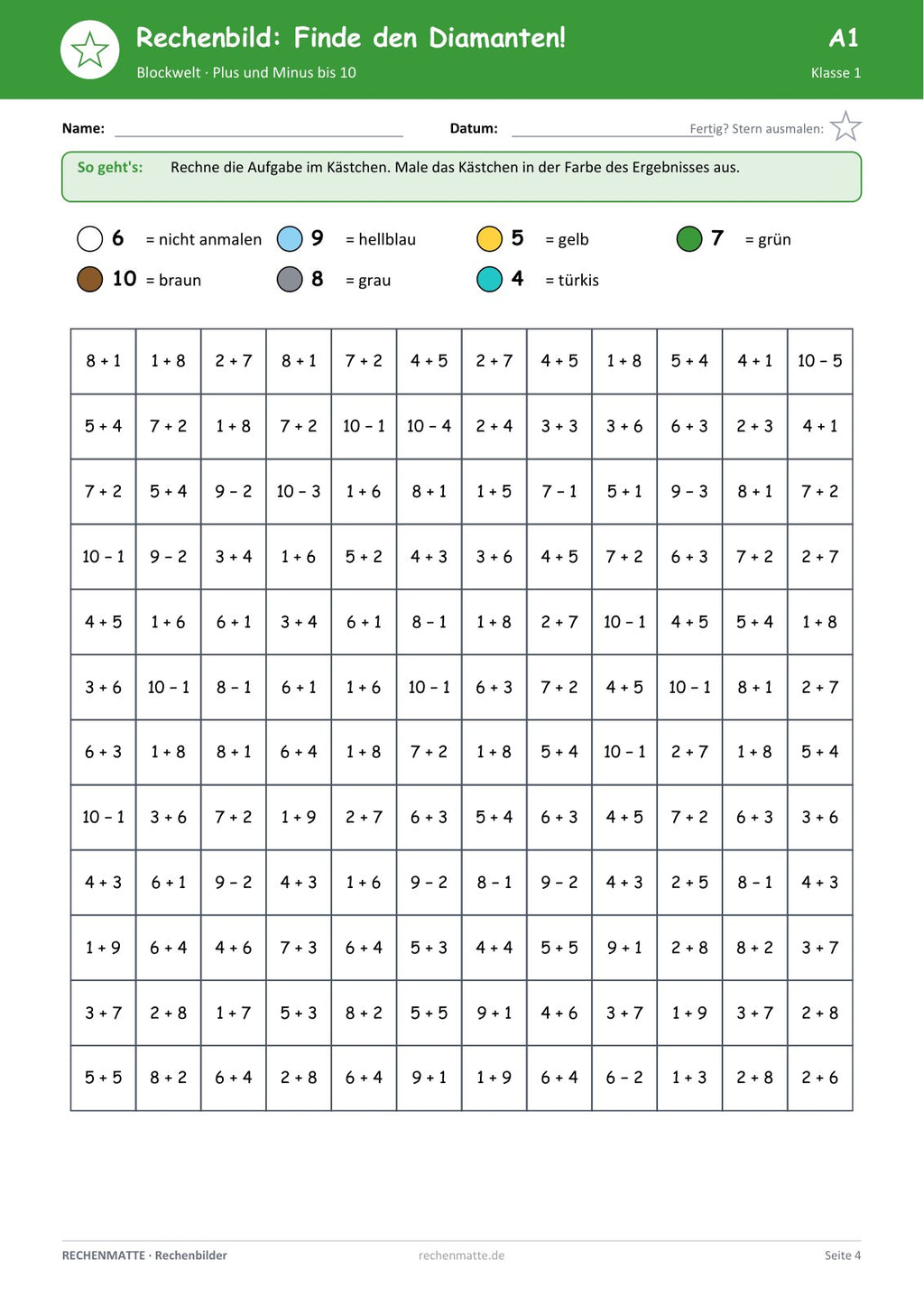 Rechenbilder Blockwelt und Abenteuer: Seite Stufe A, Plus und Minus bis 10