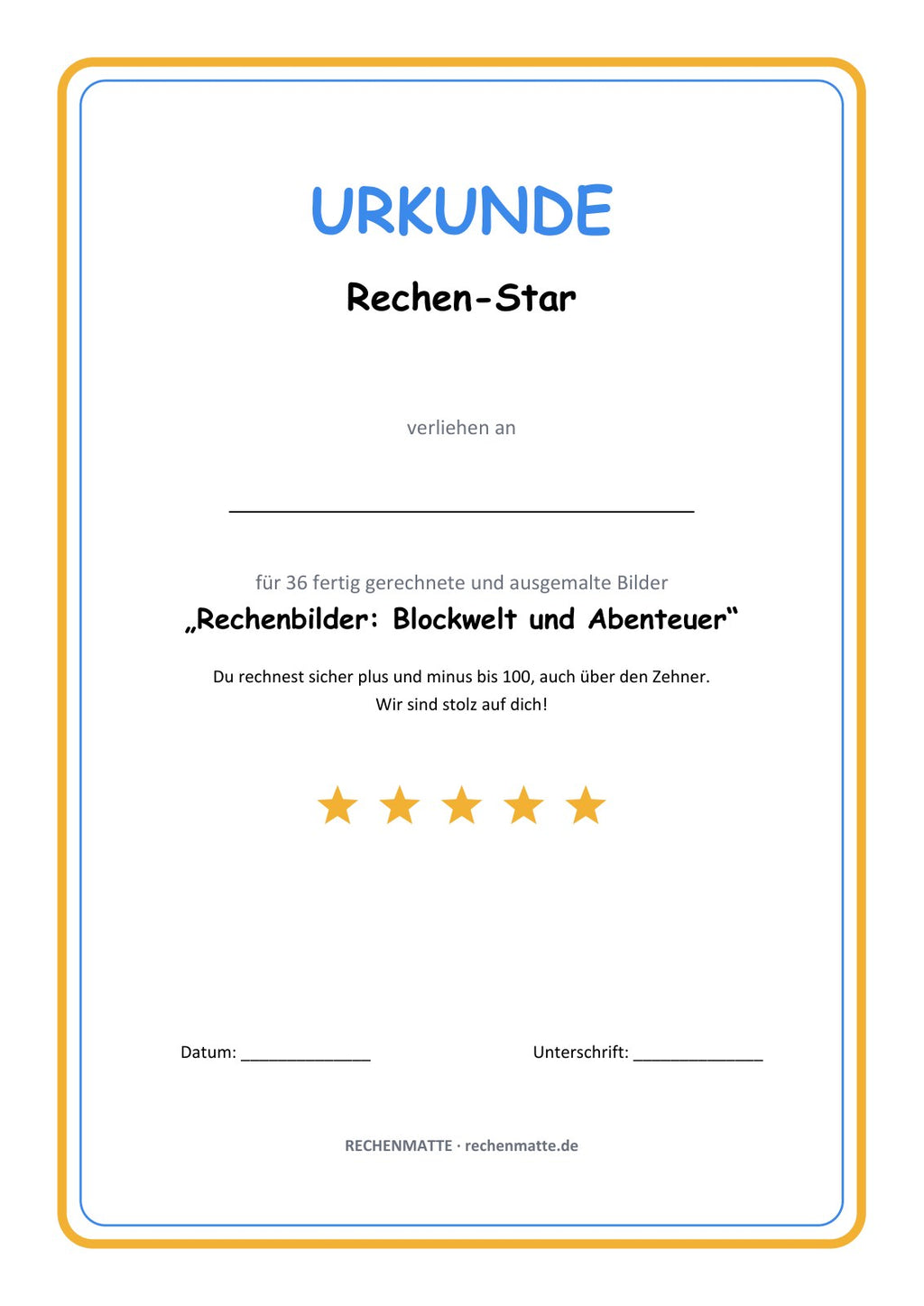 Rechenbilder Blockwelt und Abenteuer: Urkunde