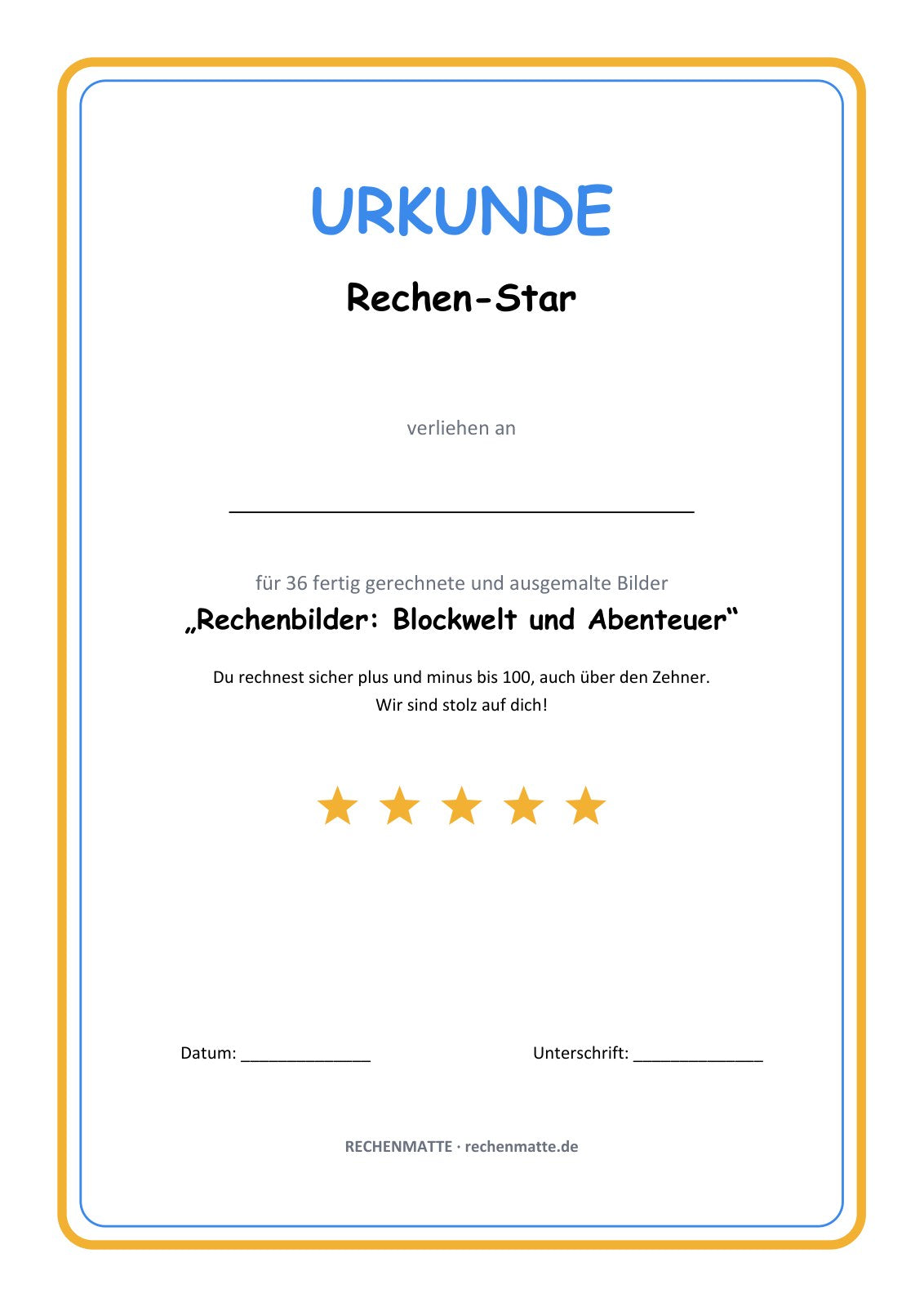 Rechenbilder Blockwelt und Abenteuer: Urkunde