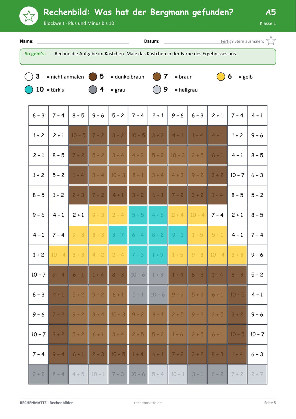 Rechenbilder Blockwelt und Abenteuer: fertig ausgemaltes Bild, Stufe A bis 10