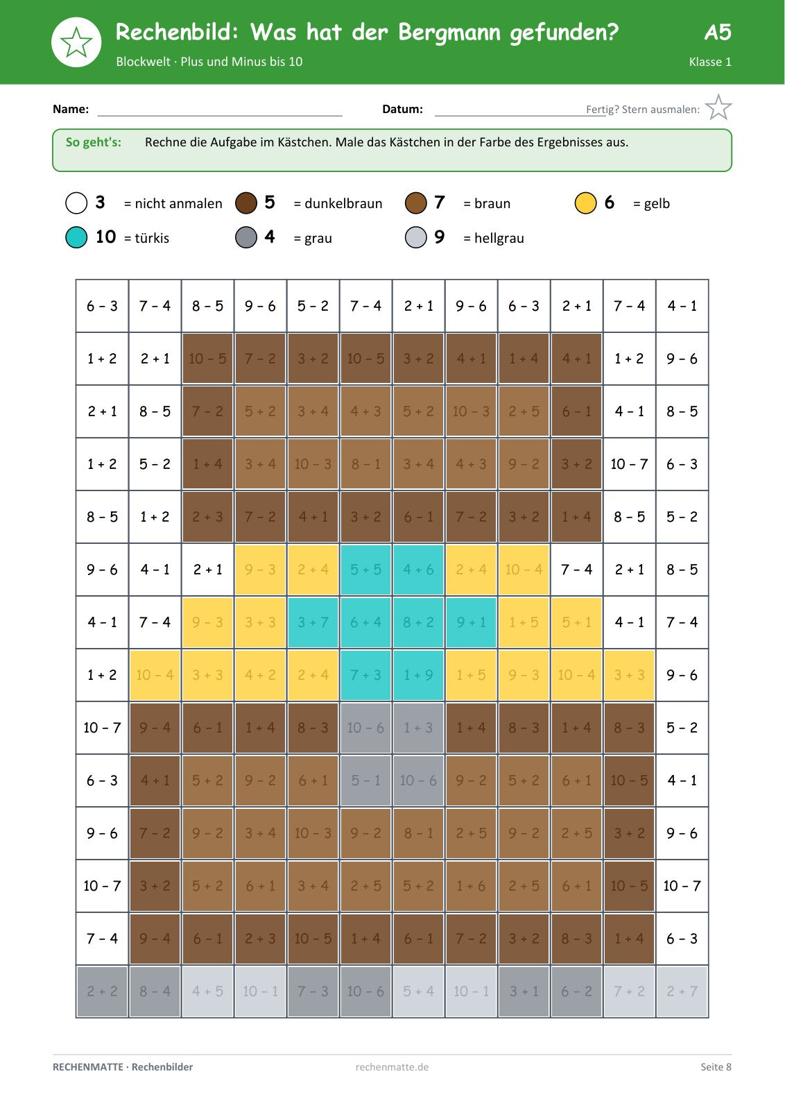 Rechenbilder Blockwelt und Abenteuer: fertig ausgemaltes Bild, Stufe A bis 10