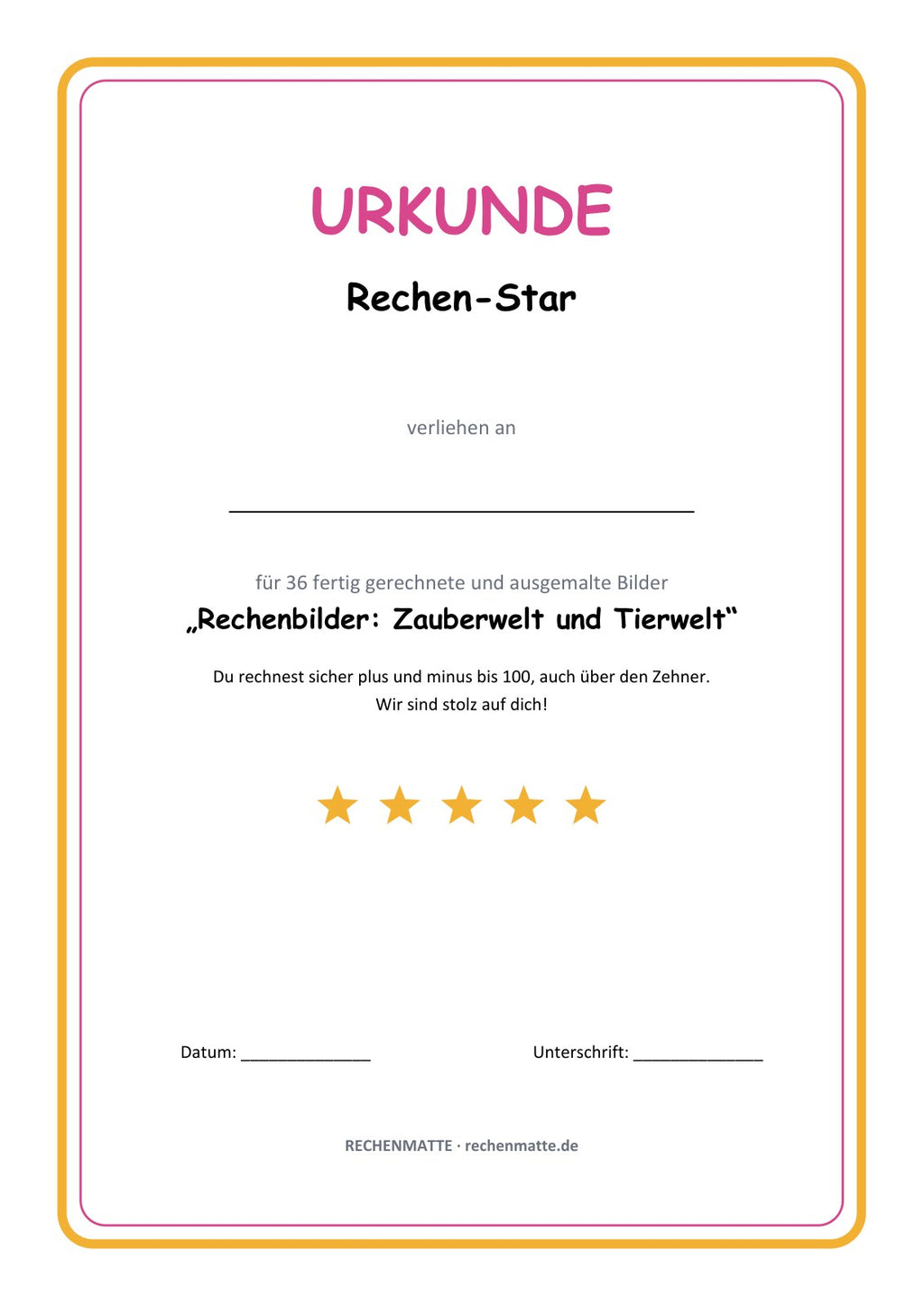Rechenbilder Zauberwelt und Tierwelt: Urkunde