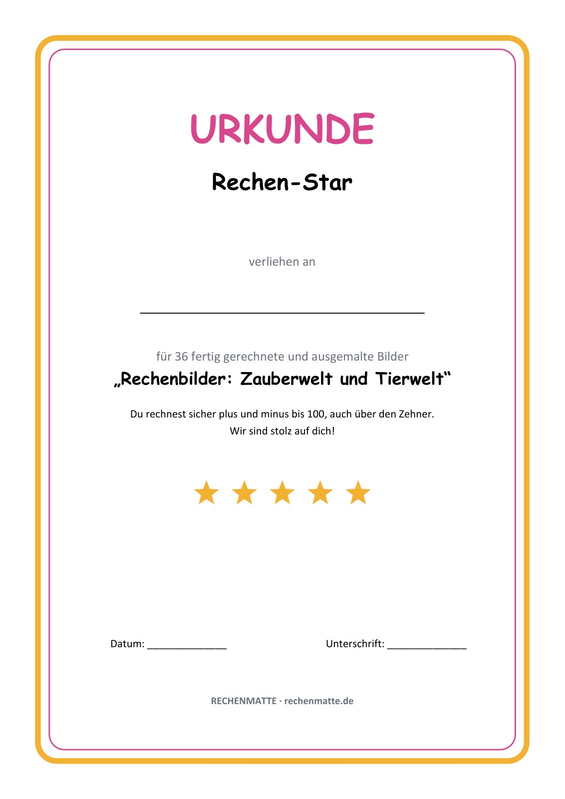 Rechenbilder Zauberwelt und Tierwelt: Urkunde