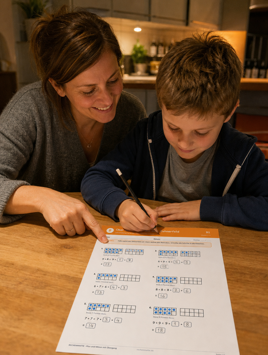 Mutter und Sohn üben mit der Rechenmatte am Küchentisch