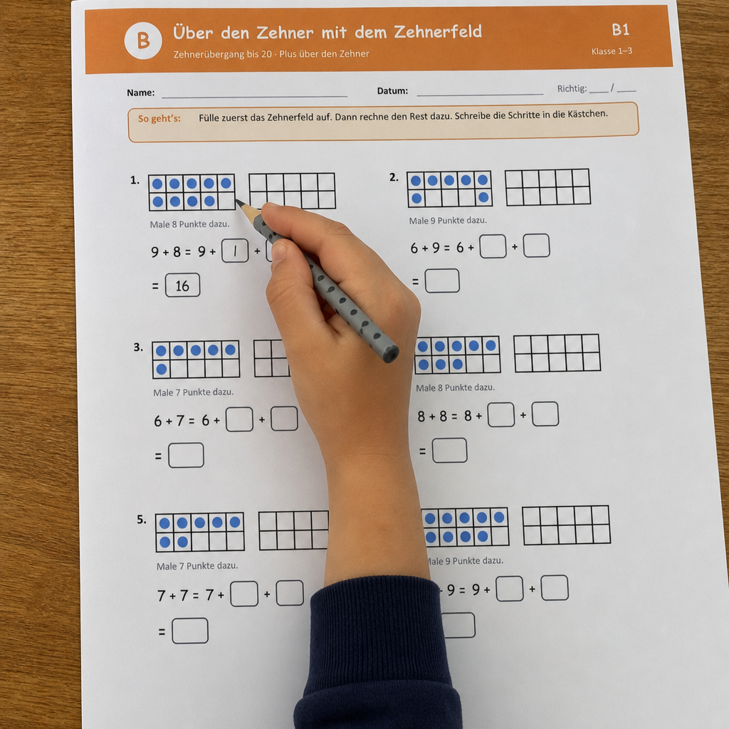 Kind rechnet auf Matte B1 über den Zehner mit dem Zehnerfeld