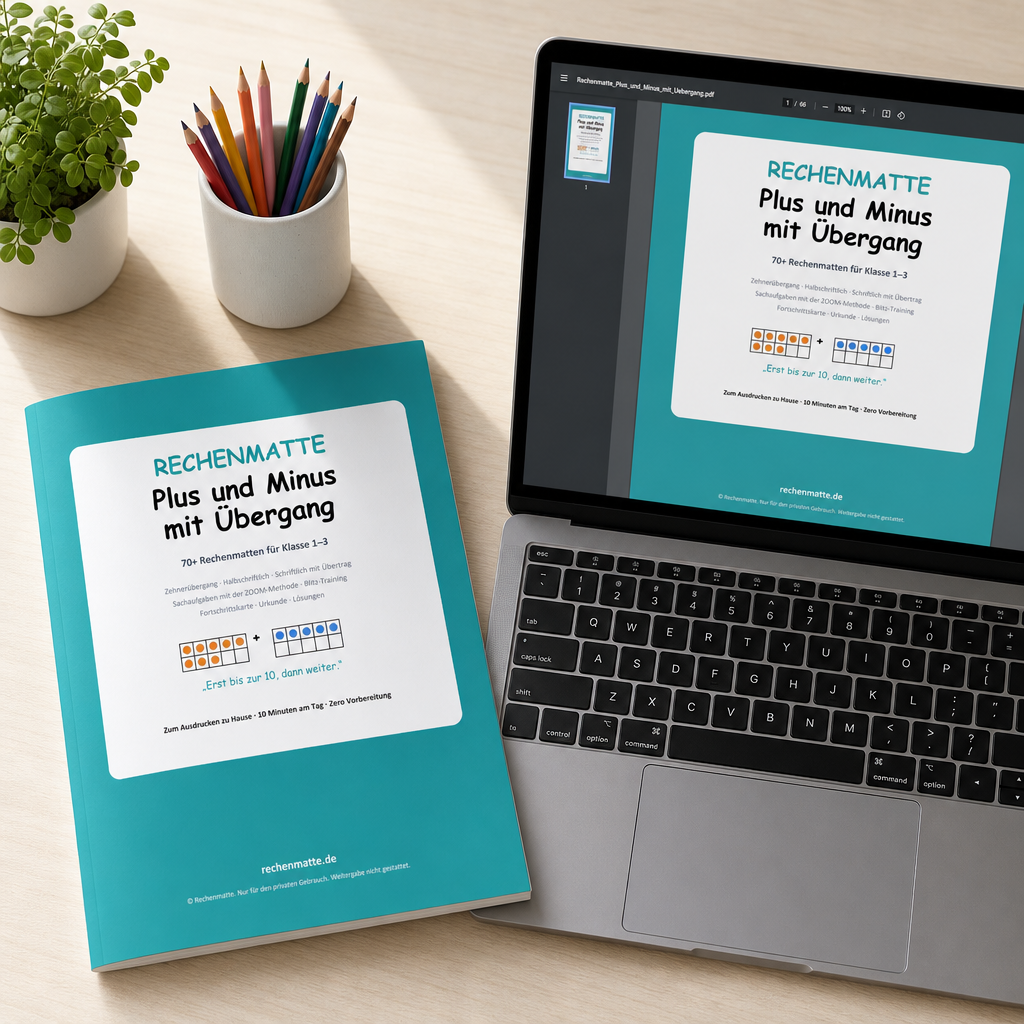 Rechenmatte als PDF auf dem Laptop und ausgedruckt