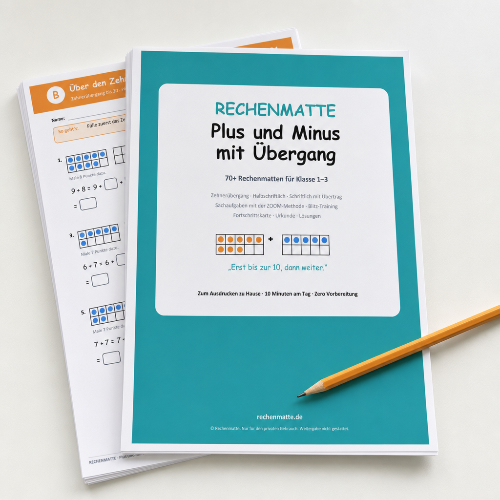 Ausgedruckter Stapel Rechenmatten mit Deckblatt und Matte B1