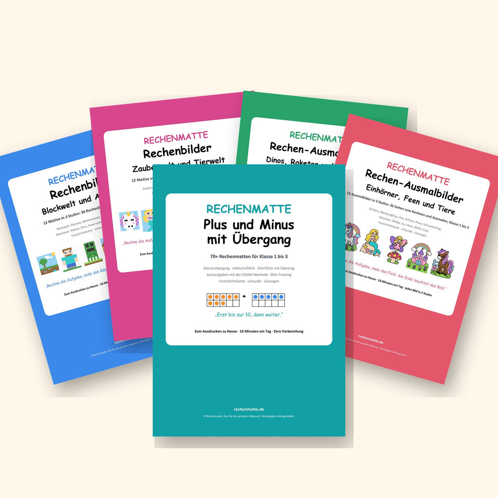 Rechenmatte-Komplettpaket: alle 5 Hefte, Rechenmatte, 2 Hefte Rechenbilder und 2 Hefte Rechen-Ausmalbilder als PDF